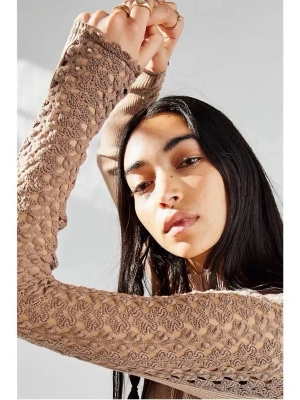 Free People Clemente Mock Neck Lace Sleeve Thermal Top Tan Beige Women Size L